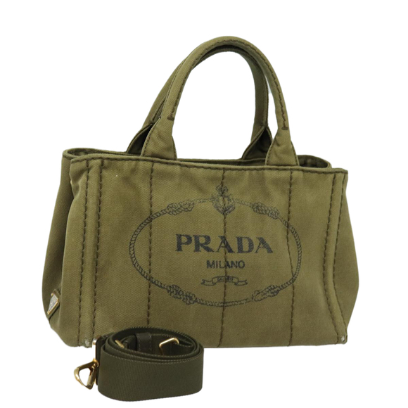 PRADA Canapa PM Hand Bag Canvas 2way Khaki Gold Auth 84641 - Picture 1 of 16